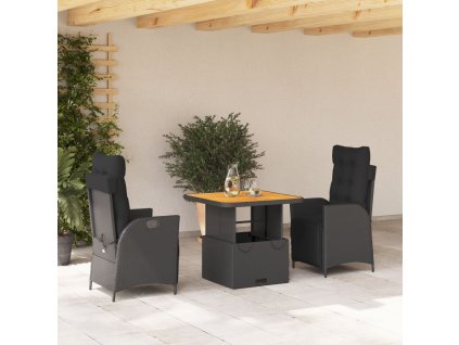 vidaXL 3-dielna záhradná jedálenská sada s vankúšmi čierna polyratan