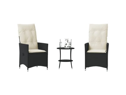 vidaXL 3-dielna bistro súprava s vankúšmi čierna polyratanová