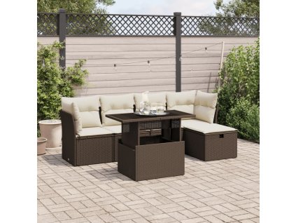 vidaXL 6-dielna záhradná sedacia súprava s vankúšmi hnedá polyratanová