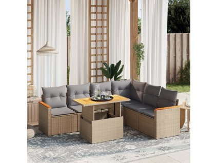 vidaXL 7-dielna záhradná sedacia súprava a vankúše béžová polyratan