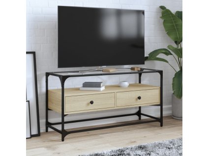 vidaXL TV skrinka sklenená doska dub sonoma 98x35x51 cm kompoz. drevo