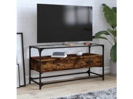 vidaXL TV skrinka sklenená doska dymový dub 98x35x51 cm kompoz. drevo