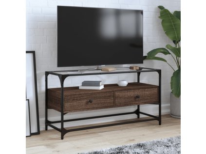 vidaXL TV skrinka sklenená doska hnedý dub 98x35x51 cm kompozit. drevo