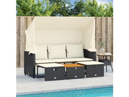 vidaXL Záhrad. pohovka 3-miestna strieška a taburetky čierna polyratan