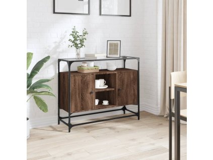 vidaXL Komoda sklenená doska hnedý dub 98x35x81 cm kompozitné drevo