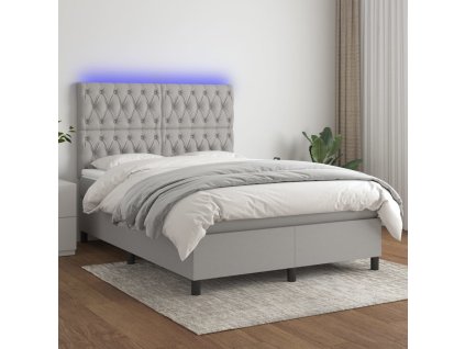 vidaXL Posteľ boxsping s matracom a LED bledosivá 140x200 cm látka