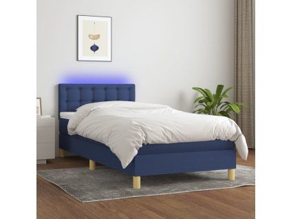 vidaXL Posteľ boxsping s matracom a LED modrá 90x200 cm látka