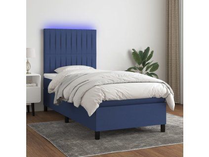 vidaXL Posteľ boxsping s matracom a LED modrá 90x200 cm látka