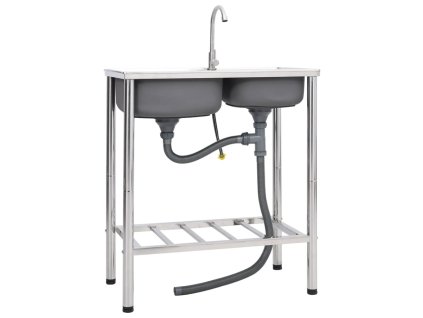 vidaXL Kempingový drez s 2 umývadlami s kohútikom nehrdzavejúca oceľ