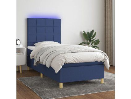 vidaXL Posteľ boxsping s matracom a LED modrá 90x200 cm látka
