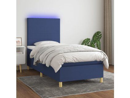 vidaXL Posteľ boxsping s matracom a LED modrá 90x200 cm látka