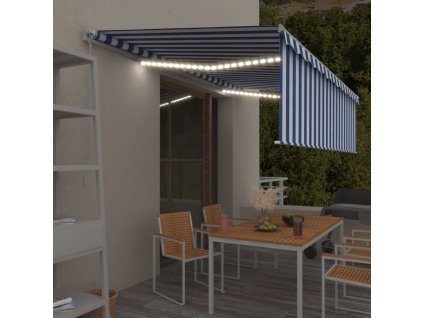 vidaXL Ručne zaťahovacia markíza s tienidlom a LED 5x3 m modro-biela
