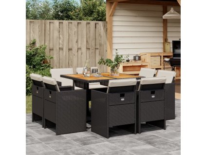 vidaXL 9-dielna záhradná jedálenská sada s vankúšmi čierna polyratan
