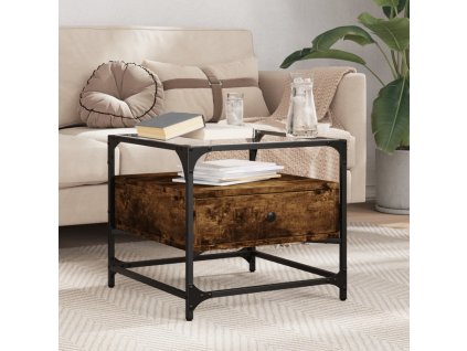 vidaXL Konferenčný stolík sklenená doska dymový dub 50x50x45 cm oceľ