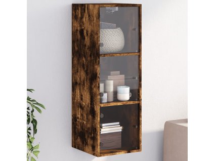 vidaXL Bočná skrinka so sklenenými dvierkami dymový dub 35x37x100 cm