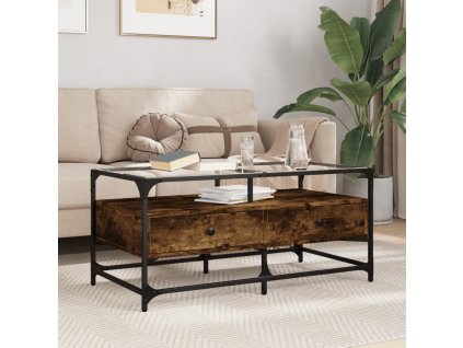 vidaXL Konferenčný stolík sklenená doska dymový dub 98,5x50x45 cm oceľ