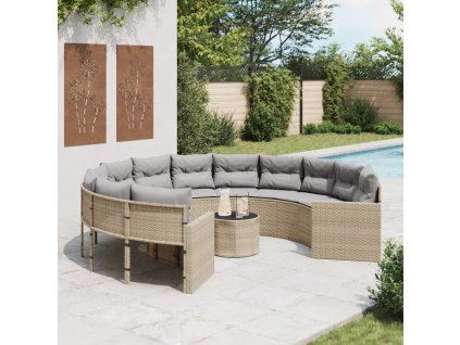 vidaXL Záhradná pohovka so stolíkom, vankúšmi okrúhla béžová polyratan