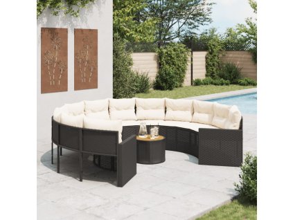 vidaXL Záhradná pohovka so stolíkom, vankúšmi okrúhla čierna polyratan