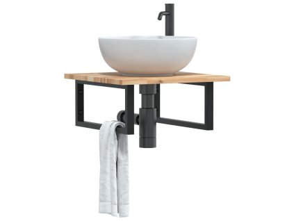 vidaXL Polica pod umývadlo nástenná oceľ a akáciový masív