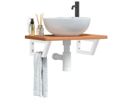 vidaXL Polica pod umývadlo nástenná oceľ a bukový masív