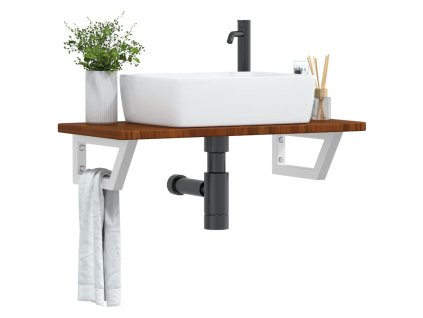 vidaXL Polica pod umývadlo, nástenná, oceľ a dubový masív