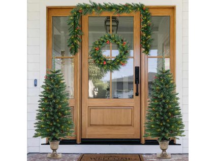 vidaXL Umelé vianočné stromčeky 2 ks s vencom, girlandou a LED diódami