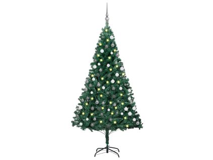 vidaXL Osvetlený umelý vianočný stromček s guľami, zelený 150 cm, PVC