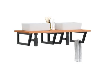 vidaXL Polica pod umývadlo nástenná oceľ a bukový masív