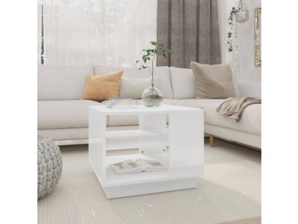 vidaXL Konferenčný stolík lesklý biely 55x55x43 cm drevotrieska