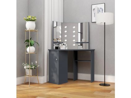 vidaXL Rohový toaletný stolík s LED sivý 111x54x141,5 cm