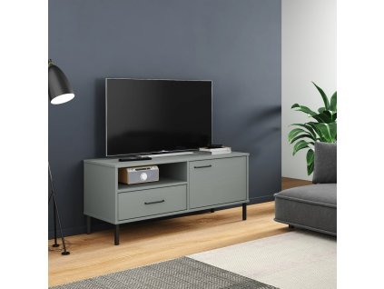 vidaXL TV skrinka s kovovými nohami sivá masívna borovica OSLO