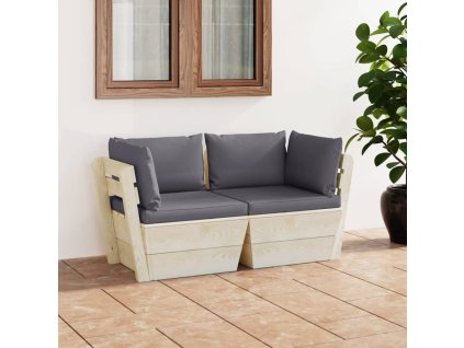 vidaXL 2-miestna záhradná pohovka z paliet+podložky, smrekové drevo