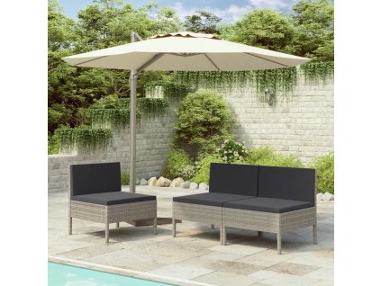 vidaXL Záhradné stoličky 3 ks s podložkami, polyratan, sivé