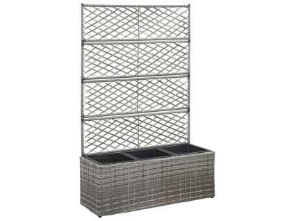 vidaXL Vyvýšený záhon+mriežka, 3 nádoby 83x30x130 cm, polyratan, sivý