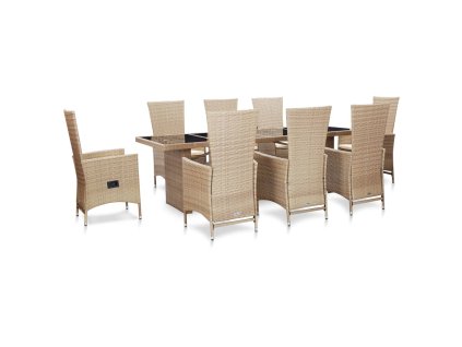 vidaXL 9-dielna vonkajšia jedálenská súprava+podložky,polyratan,béžová
