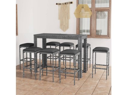 vidaXL 9-dielna záhradná barová súprava s vankúšmi sivá polyratanová