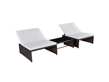vidaXL Záhradné ležadlá 2 ks so stolíkom, polyratan, hnedé