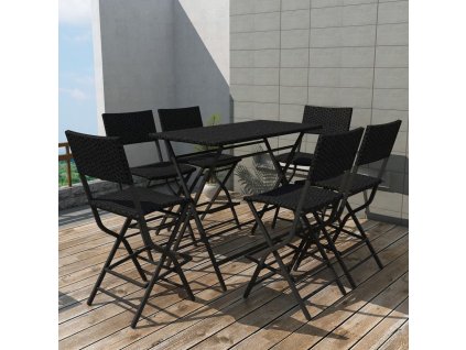 vidaXL 7-dielna skladacia vonkajšia jedálenská súprava oceľ a polyratan čierna