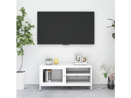 vidaXL TV skrinka biela 90x30x44 cm oceľ a sklo