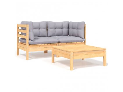 vidaXL 3-dielny záhradný sedací set so sivými sedákmi borovicový masív