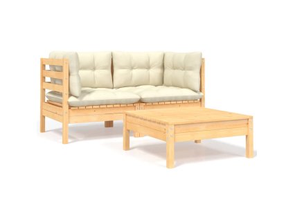 vidaXL 3-dielny záhradný sedací set a krémové podložky borovicové drevo