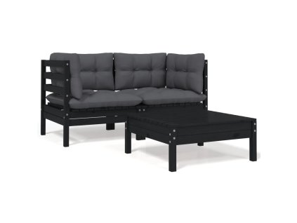 vidaXL 3-dielny záhradný sedací set so sedákmi čierny borovicový masív