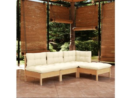 vidaXL 4-dielna záhradná súprava s krémovými vankúšmi borovica