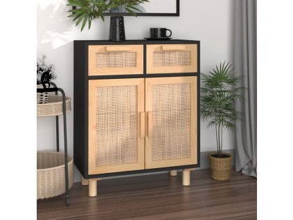 vidaXL Komoda čierna 60x30x75 cm masívna borovica a prírodný ratan