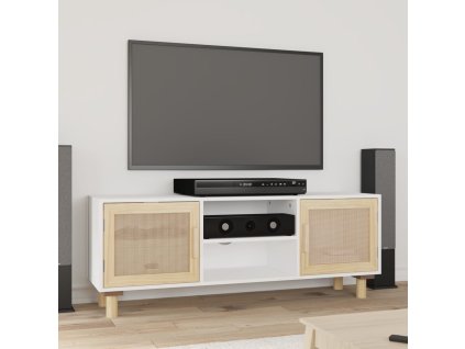 vidaXL TV skrinka biela 105x30x40 cm masívna borovica a prírodný ratan