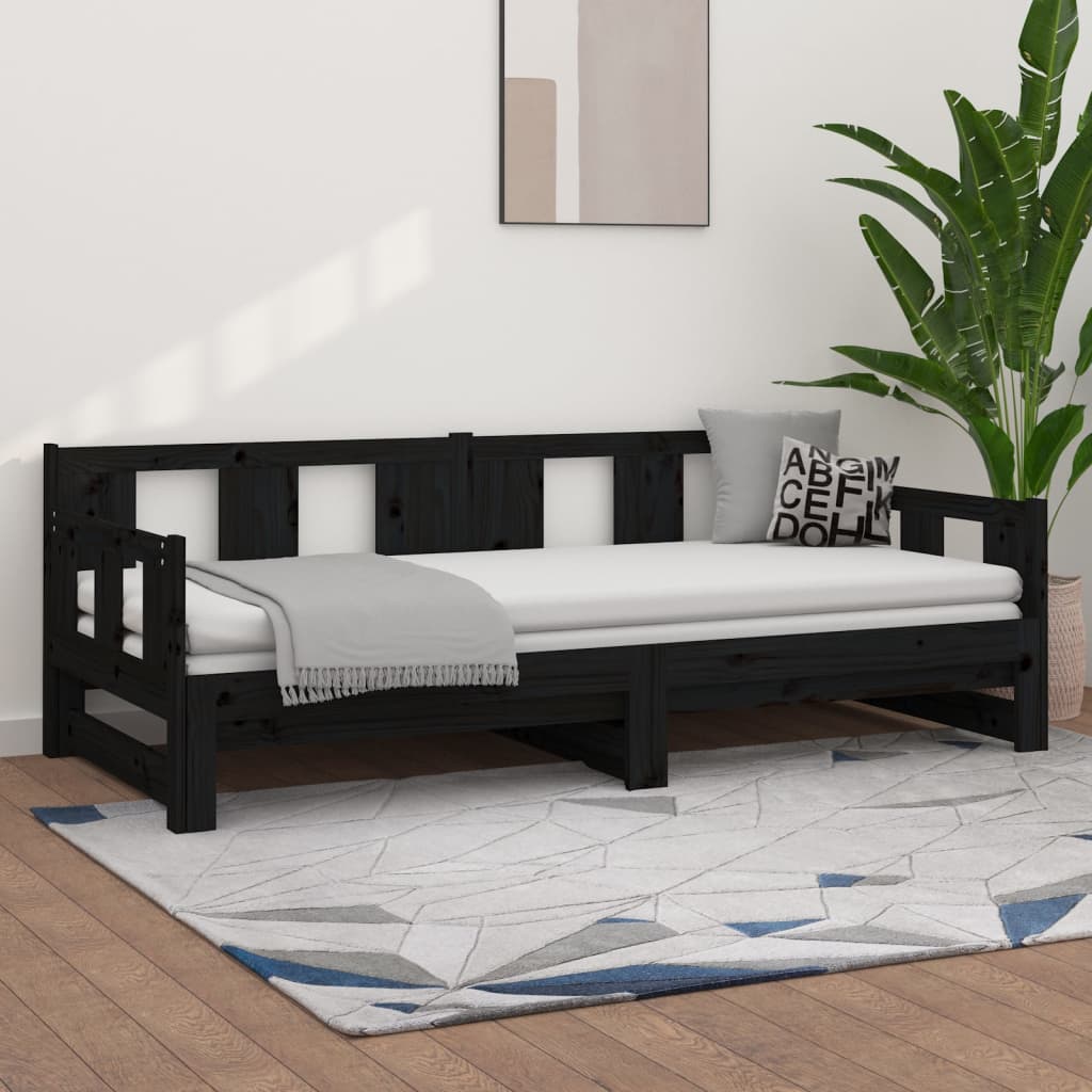 vidaXL Rozkladacia denná posteľ čierna borovicový masív 2x(80x200) cm