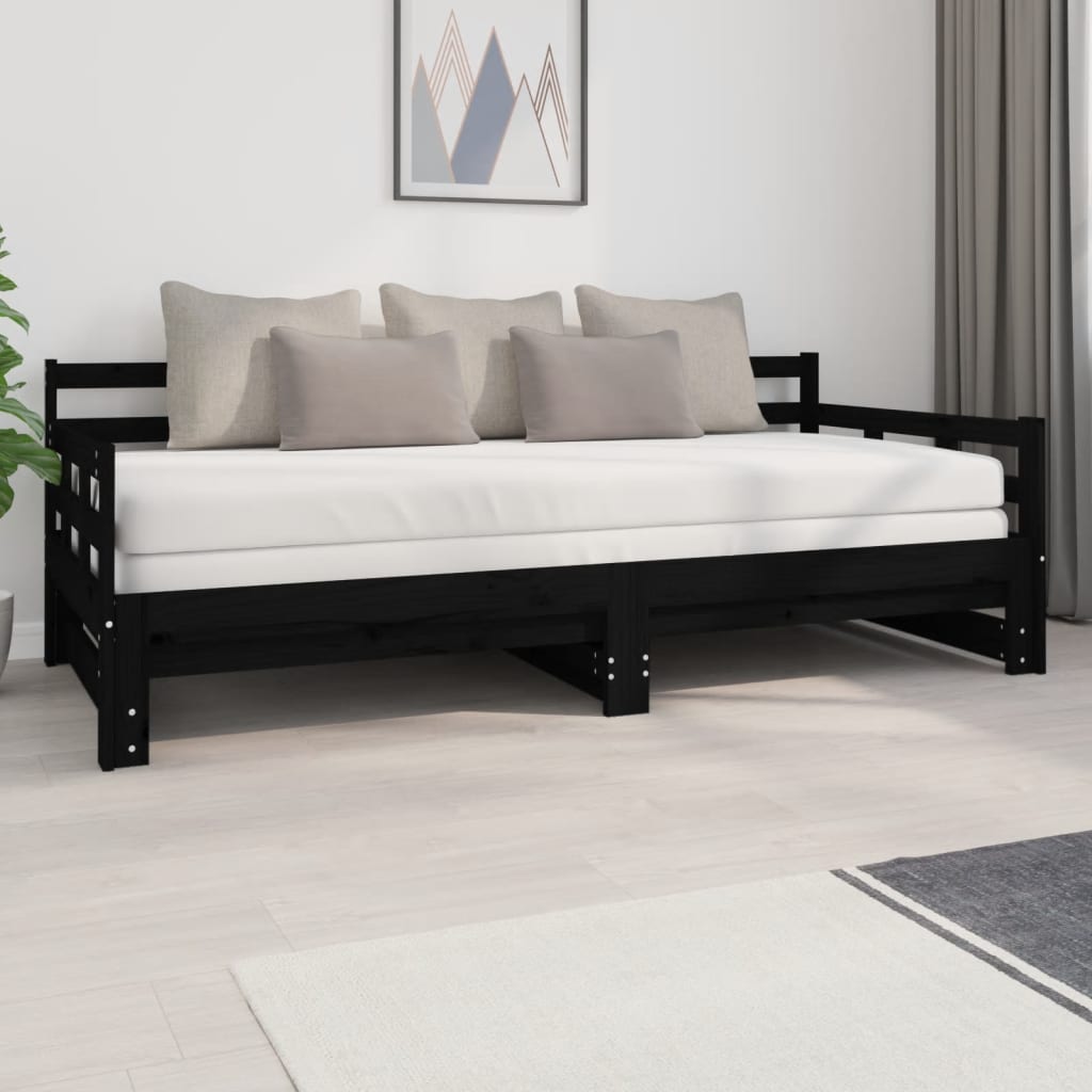 vidaXL Rozkladacia denná posteľ čierna borovicový masív 2x(90x200) cm