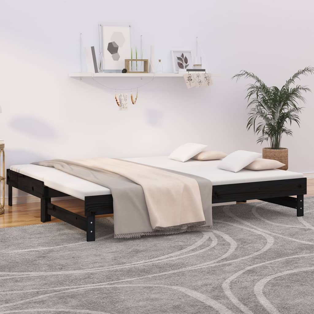 vidaXL Rozkladacia denná posteľ čierna 2x(100x200) cm borovicový masív