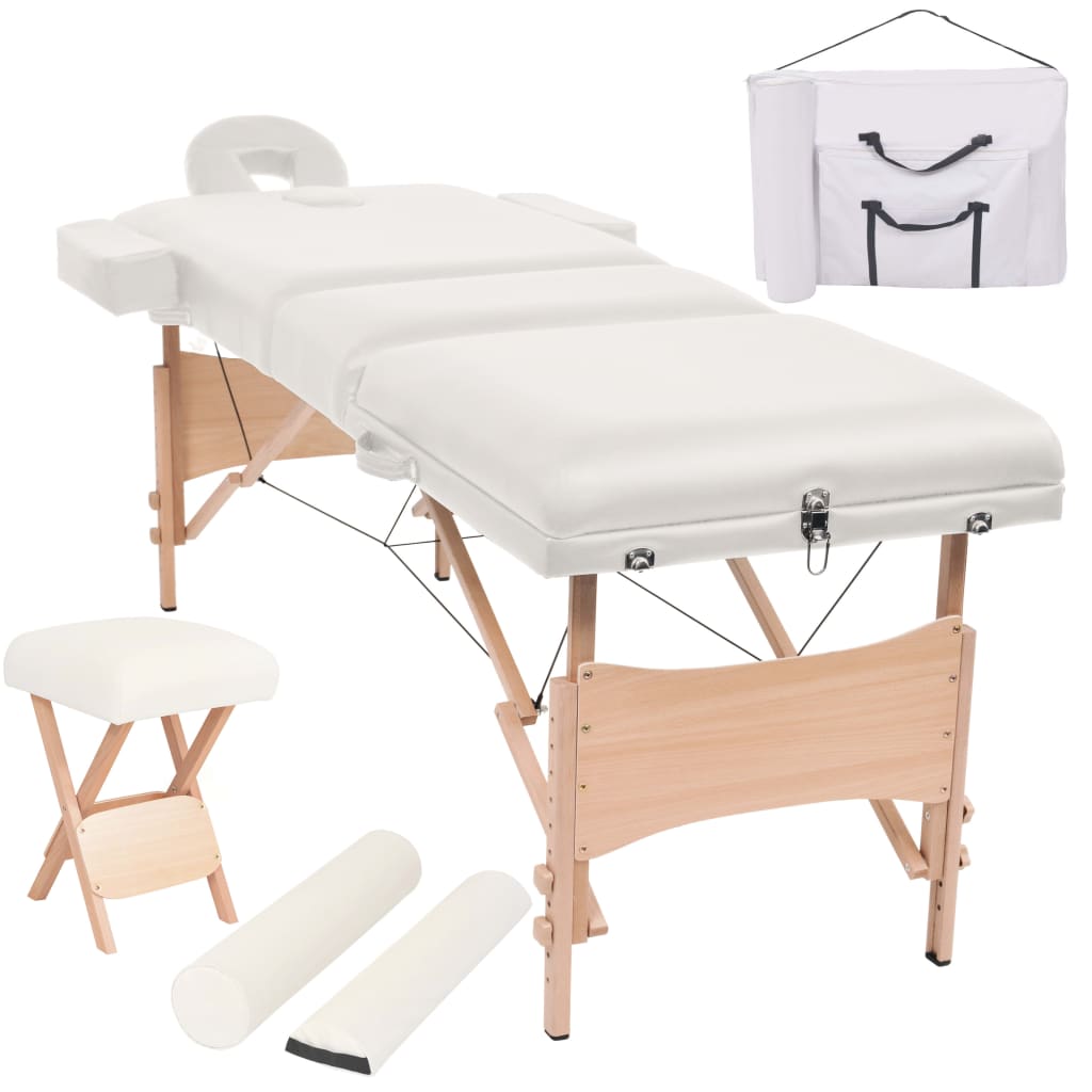 vidaXL Skladací masážny stôl, 3 zóny+stolička, 10 cm hrubá, biela