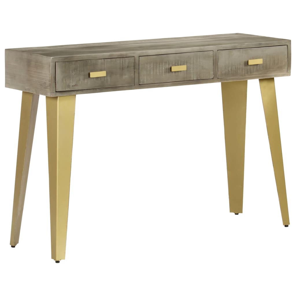 vidaXL Konzolový stolík sivý s mosadzou 110x35x76 cm masívne mangovníkové drevo
